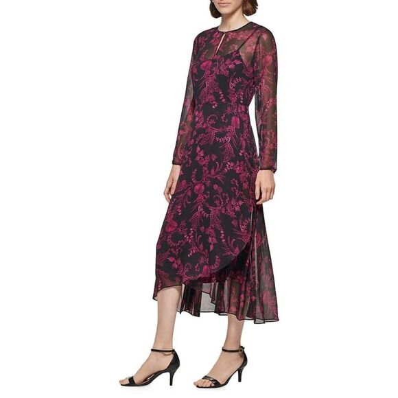 New Nanette Lepore Milano Size 6 Black Pink Floral Midi Dress Sheer Overlay - Picture 1 of 16